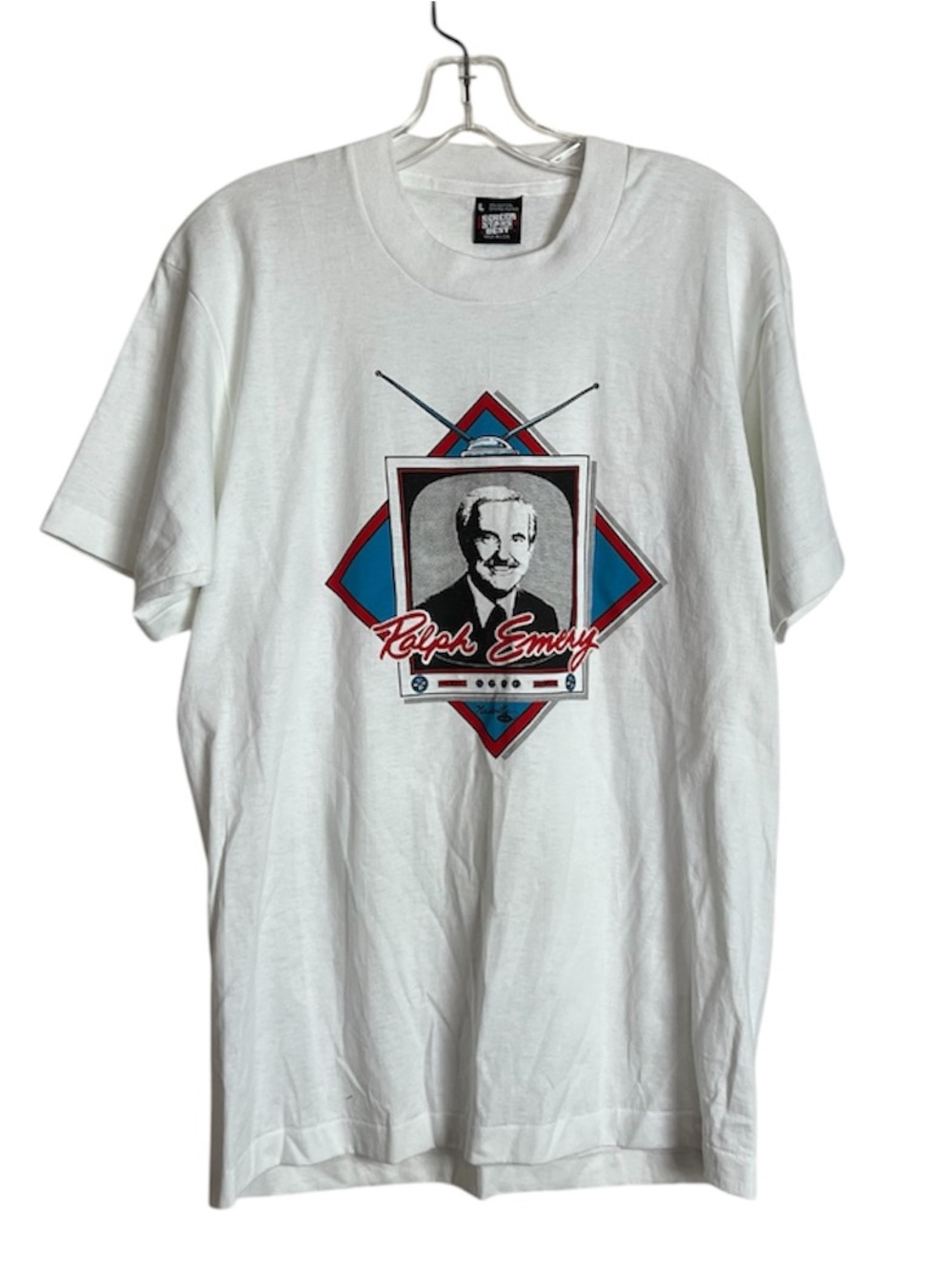 Screen Stars White Graphic Tee with Red and Blue Accent